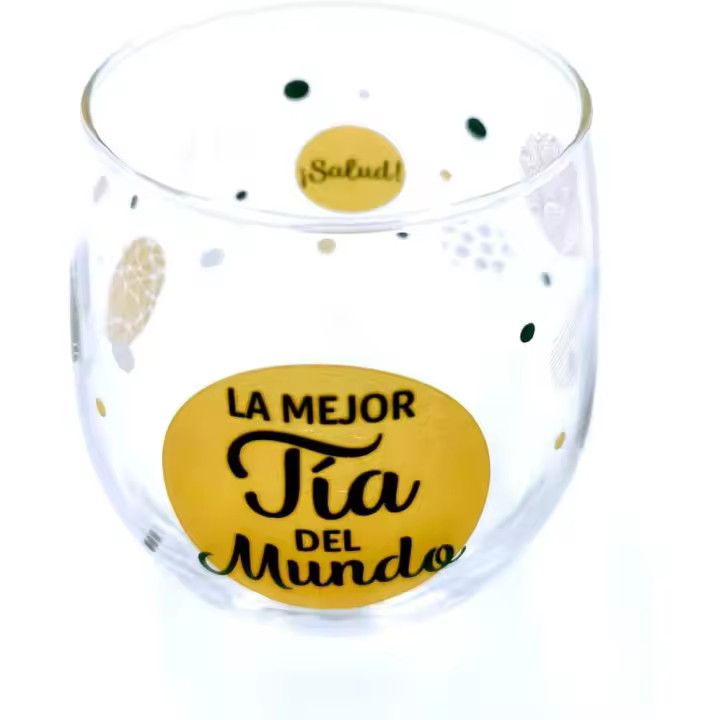 Vaso de vidrio con la frase "La mejor Tía del Mundo" y elementos decorativos - 1