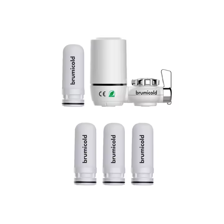BRUMICOLD Pack anual filtro purificador de agua para beber + 3 recambios. Agua lista para beber al instante. Filtración ecológica compuesta por una carcasa cerámica y un núcleo de carbón activado de coco. - 1