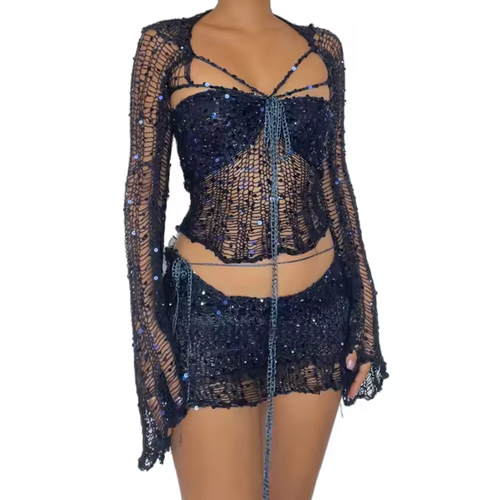 Vestido De Verano Para Mujer Con Sequin Crochet 3 Piezas Top De Manga Larga Con Abertura Mini Vestido Y Falda Corta Estilo Y2k Sexy & Club - 1