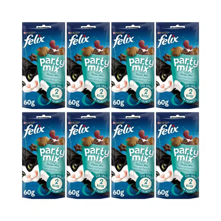 FELIX - Party Mix Ocean (8x60 gr) - Snacks para Gatos (Salmón, Pescado Blanco y Trucha) (8 Bolsas de 60 gr) - 1