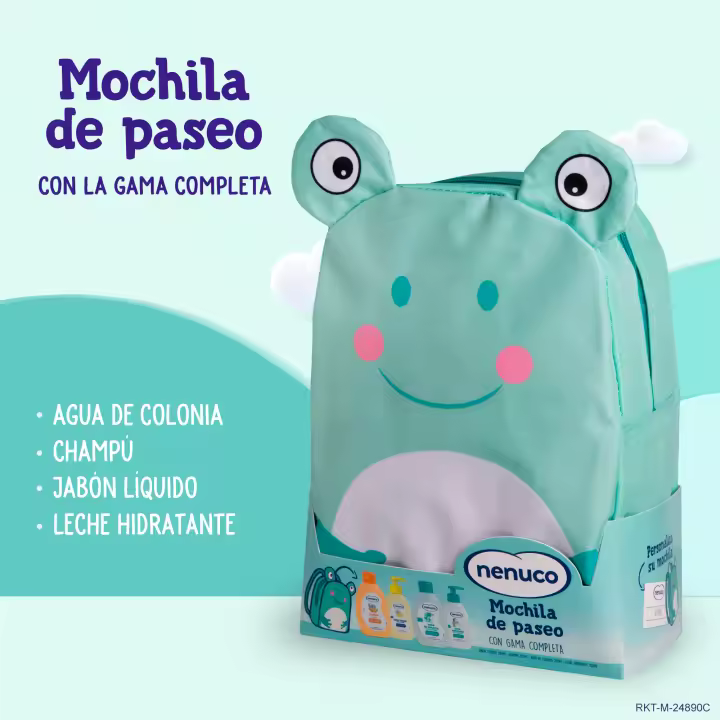 Nenuco Pack Bebé Mochila de Paseo Rana, con Gama Completa,Jabón Líquido,Champú Suave,Agua de Colonia,Leche Hidratante,4x200ml - 1