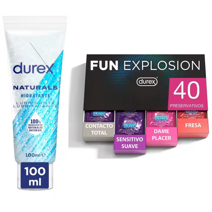 Durex - Lote Fun Explosion, Pack 40 Preservativos + Lubricante Naturals Hidratante 100ml, Ingredientes Naturales, Sexo Seguro - 1