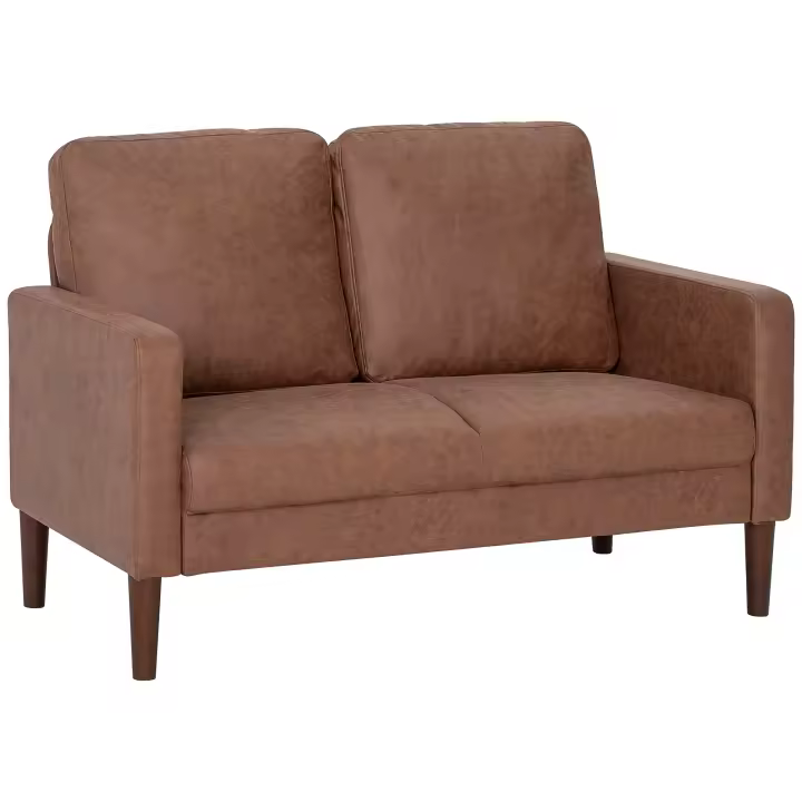 HOMCOM Sofá de 2 Plazas, Tapizado en Microfibra, Sofá Moderno con Patas de Madera, Reposabrazos, para Salón, Dormitorio, Oficina, Sala de Estar, 130x78x85 cm, Marrón - 1