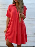 Vestido Mini Rojo Solido De Verano Para Mujer Con Volante Y Botones Estilo Casual Corto Manga Regular Cuello V Vestidos De Playa - details 1