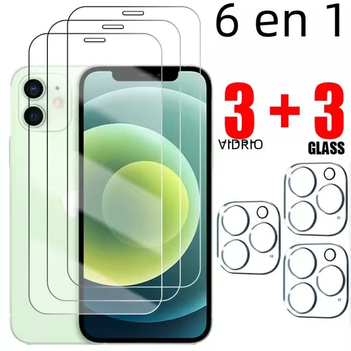 Protector De Pantalla De Vidrio Templado 6en1 Para iPhone 14 13 12 11 15 pro Max Compatible Con iPhone 13 12 14 plus 11 12 13 14 15 pro Cámara Vidrio Resistente a Arañazos Y Agua - 1