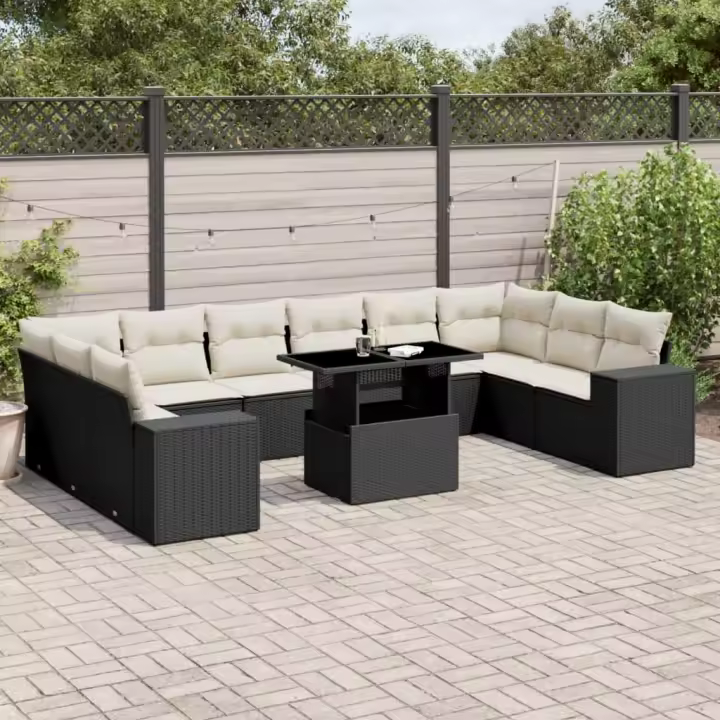 vidaXL Set de sofás de jardín 11 pzas y cojines ratán sintético negro - 1