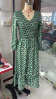 Vestido Largo Para Mujer Con Estampado Verde Y Acolchado Estilo Europeo Otoño 2024 Moda Oficina Lady Cuello V Manga Puff Polyester - details 1