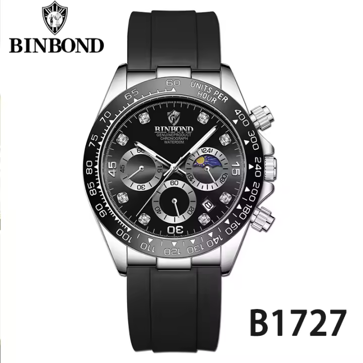Reloj De Cuarzo Para Hombre BINBONG Con Correa De Silicona Fase Lunar Fecha Cronógrafo Resistente Al Agua Deportivo Moda Negocios Reloj De Pulsera - 1