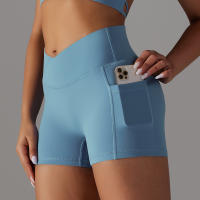Shorts De Yoga Para Mujer Con Cintura Alta Y Bolsillos Diseño Cruzado Transpirables Y Secado Rápido Para Gimnasio Running Ejercicio - details 7