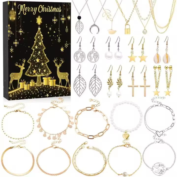 Joyería Calendario de Adviento 24 Días Regalo Navideño para Mujeres y Adolescentes con Pulseras, Collares, Aretes y Anillos - 1