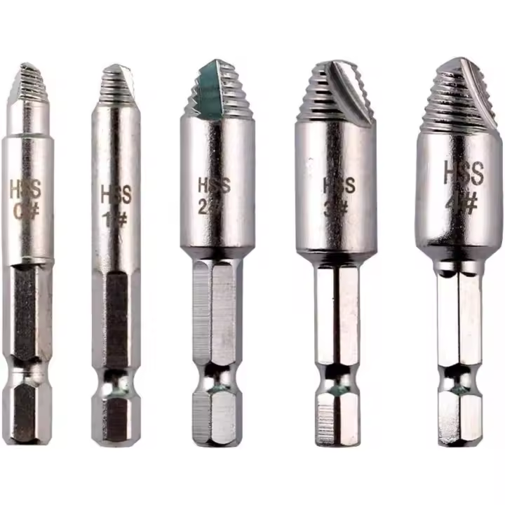 5 extractores de tornillos dañados de 1/4, extractores de tornillos de una sola cabeza, destornillador pelado, fácil de quitar tornillos o pernos rotos, diámetro de interfaz de 6,35 mm, acero inoxidable - 1