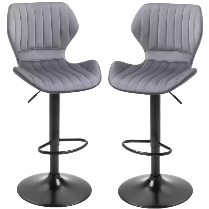 HOMCOM Juego de 2 Taburetes Altos de Cocina y Giratorio Taburetes Altos de Terciopelo con Respaldo y Estructura de Metal 47x51,5x94-114cm Gris - 1