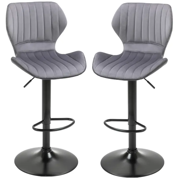 HOMCOM Juego de 2 Taburetes Altos de Cocina y Giratorio Taburetes Altos de Terciopelo con Respaldo y Estructura de Metal 47x51,5x94-114cm Gris - 1
