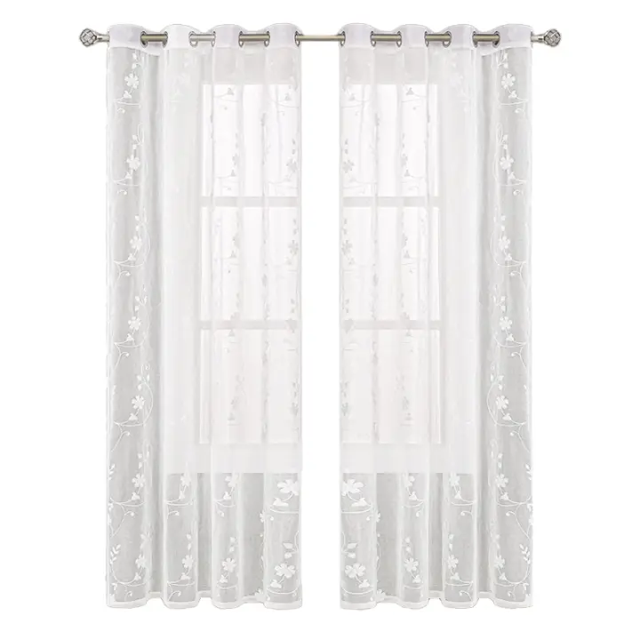Cortinas Blancas De Encaje Con Bordado Floral Para Sala De Estar Y Dormitorio Ventanas Translúcidas Decoración Hogar Cortina De Voile Moderna Sin Aislamiento Solar - 1