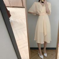 Vestido REALEFT Para Mujer Verano Otoño Manga Acolchada V-Neck Cinturón Frontal Cruzado Elegante Casual A-Line Midi Para Oficina - details 14