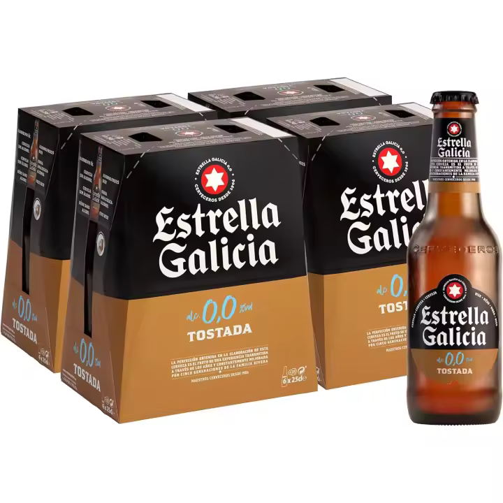 Estrella Galicia 0,0 Tostada - Cerveza Lager sin Alcohol, Pack de 24 Botellas x 25 cl, Sabor y Aroma Tostado y Equilibrado, 0% Volumen de Alcohol - 1