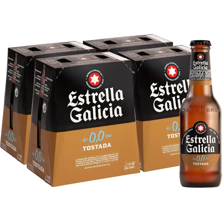 Estrella Galicia 0,0 Tostada - Cerveza Lager sin Alcohol, Pack de 24 Botellas x 25 cl, Sabor y Aroma Tostado y Equilibrado, 0% Volumen de Alcohol - 1