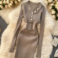 Vestido Bodycon Elegante De Mujer REALEFT Otoño Invierno 2024 Con Cinturón Y Botones De Manga Larga Estilo Casual Longitud Pierna - details 29