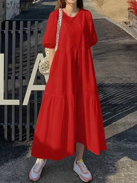 Vestido Largo Casual De Verano Para Mujer ZANZEA 2023 Con Manga Corta Y Cuello Redondo Sobredimensionado Vestidos Femme Elegante Sólido - 1