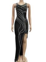 Vestido Maxi De Mujer Con Diamantes Y Abertura En Pierna Beyprern Decorado Con Rhinestones Vestido Sexy Para Fiesta Club Cumpleaños Poliéster Elástico Sin Mangas - details 0