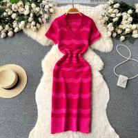 Vestido Midi De Playa Con Estampado De Rayas Y Cuello En V De Moda Para Mujer Vestido Bodycon Con Salto Hollow out Manga Corta Ajustado - details 0