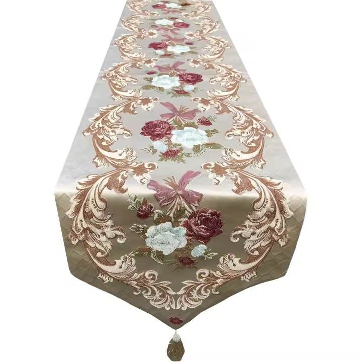Mantel decorativo de lino y algodón de lujo con diseño floral 3D bordado y borlas para mesa de comedor, 32 x 210 cm (café) - 1