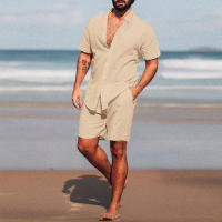 Nuevo Set De Verano Para Hombres Con Camisa De Cuello Alto Y Shorts De Playa De Color Sólido Streetwear De Alta Calidad 2 Piezas 2023 - details 1