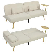 HOMCOM Sofá Cama de 3 Plazas con Mesa Auxiliar, 3 en 1, Sofá Cama Convertible con Respaldo Ajustable, Apertura Clik-Clak, 2 Almohadas para Reposabrazos y Patas de Metal, 196x86x81 cm, Beige - details 0