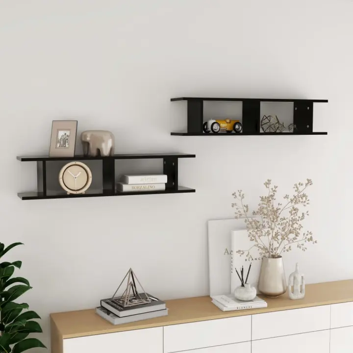 Estantes de pared 2 uds madera contrachapada negro 90x18x20 cm - 1