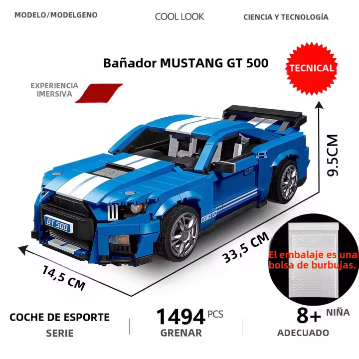 Bloques De Construcción De Carreras Deportivas High-Tech Mustang GT500 Modelo De Coche Para Decoración De Escritorio Juguete Educativo Para Niños Regalos Para Niños De Edad Varía ABS Ambientalmente Amigable 1494 Piezas - 1