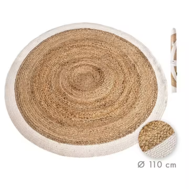 Dcasa Alfombra redonda trenzada con círculos blancos de yute natural de Ø 110 cm - 1