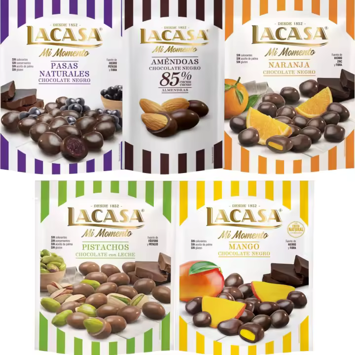 Lacasa Mi Momento pack de 5:Almendra 85% 65G,Pasas choco Negro 150G,Naranja choco Negro 125G,Pistacho Leche 100G,Mango choco Negro 115G - 1