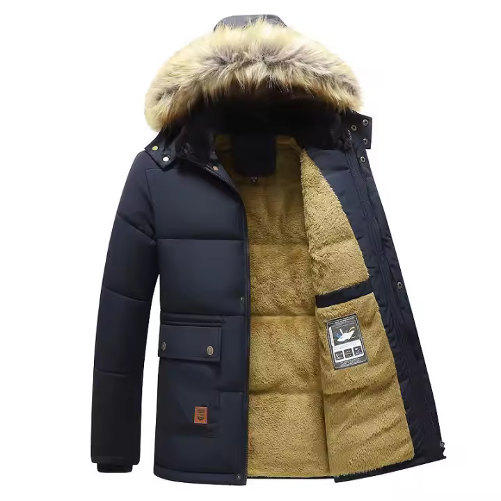 Chaqueta de Lana Gruesa a prueba de Viento para hombre, Parka con Cuello de Piel con capucha, chaqueta informal Clásica para invierno 2024 - 1