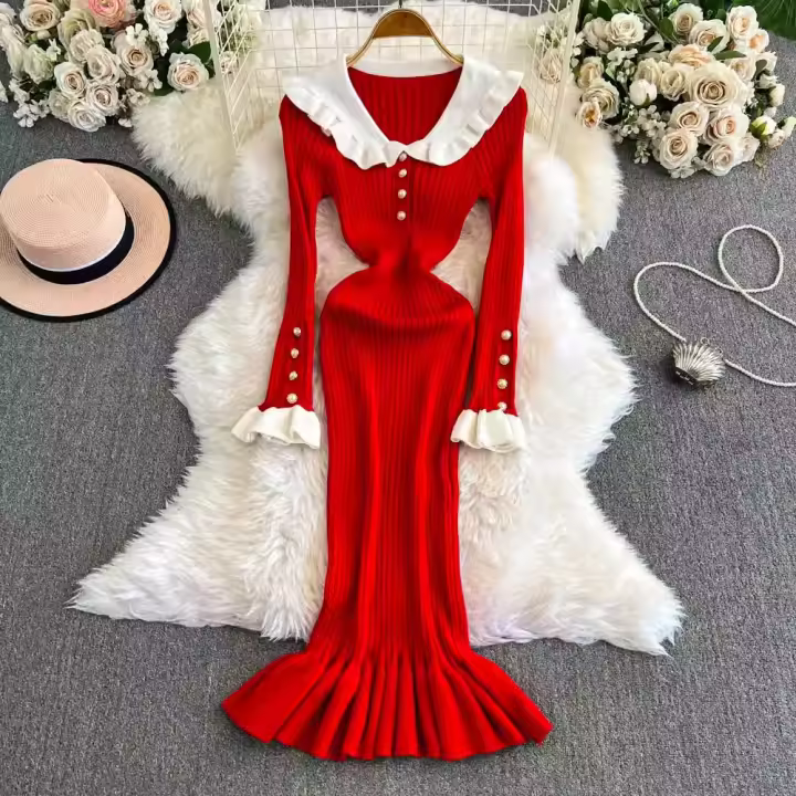 Vestido Largo De Punto Con Volantes YuooMuoo Estilo Francés Romántico Elegante Y Ajustado Para Mujer Con Manga Mariposa Mid-Calf Para Fiesta - 1