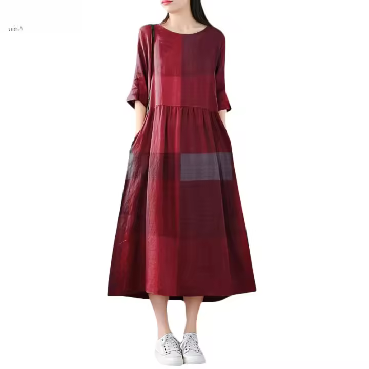 Vestido Midi De Lino Y Algodón ZANZEA Para Mujer Estilo Vintage Cuadros Manga Corta Cuello Redondo Vestidos Casual Verano Con Bolsillos Longitud Hombro a Hombro - 1