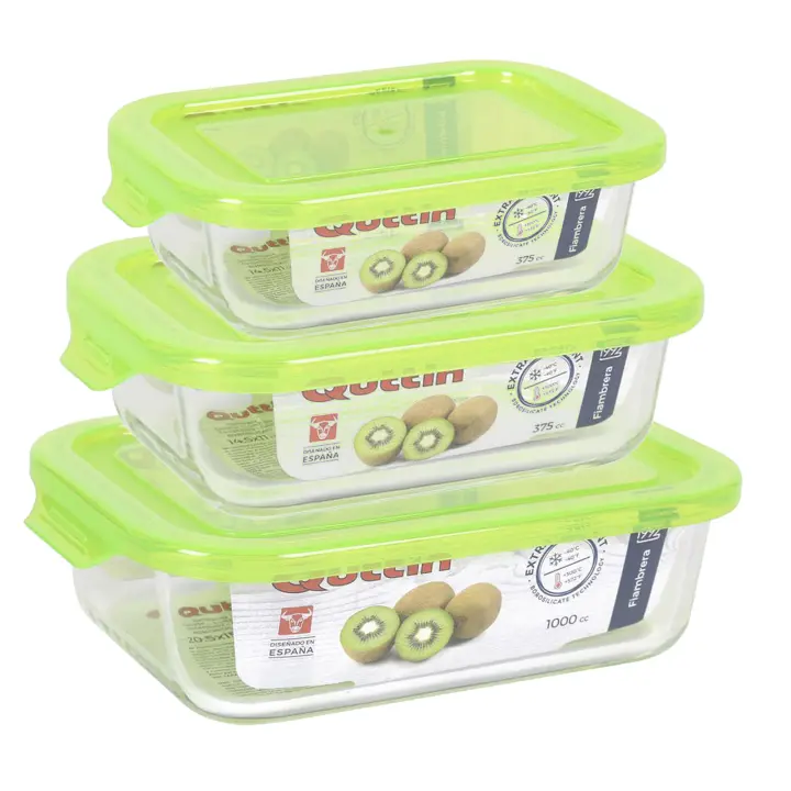 Quttin Set 3 Recipientes de Vidrio con Tapa Verde - Set 3 fiambreras -  Tamaños (375cc, 600cc, 1000cc) - No Hermetico - Almacenamiento de Alimentos Frescos y Seguros - 1