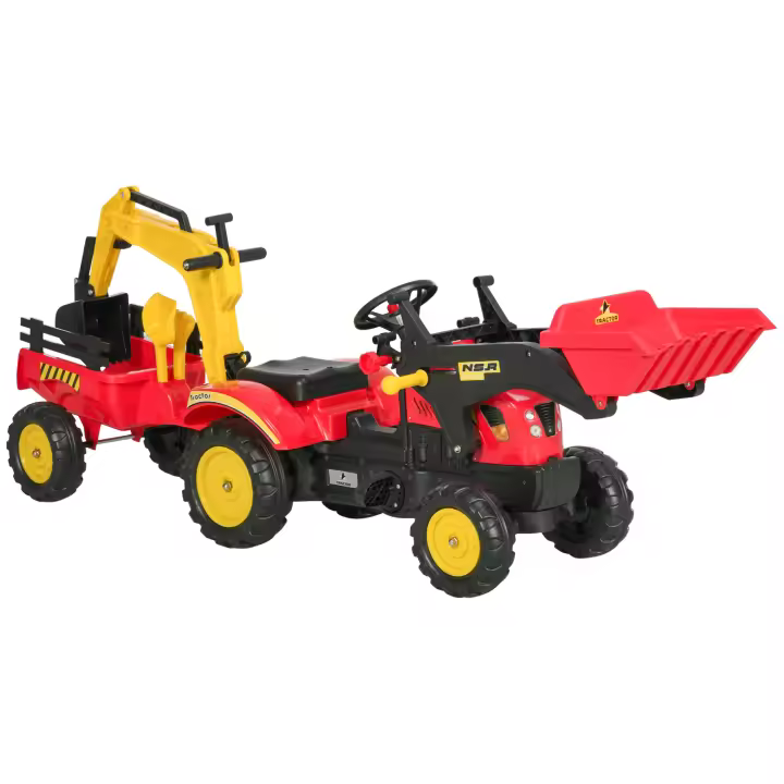 HOMCOM Tractor a Pedales con Remolque Excavador con Pala Frontal Juguete de Conducción para Mayores de 3 Años Dirección y Palas Fáciles de Controlar Soporta hasta 35 kg 179x42x59 cm Rojo - 1