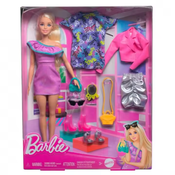 Muñeca Barbie con ropa y accesorios, cabello rubio y 3 conjuntos para combinar con temática de fiesta, incluyendo vestidos, bolsos y tacones. (Mattel HYT61) - 1