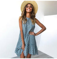 Vestido De Polka Dot Con Volantes Para Mujer Sin Mangas Cuello Redondo Corte Largo Casual Vestido De Verano De Polyester - details 4