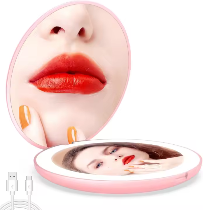 Espejo de maquillaje, recargable, regulable, con luz LED, aumento de 1x/10x y luz, portátil de 4 pulgadas para bolso, color rosa - 1