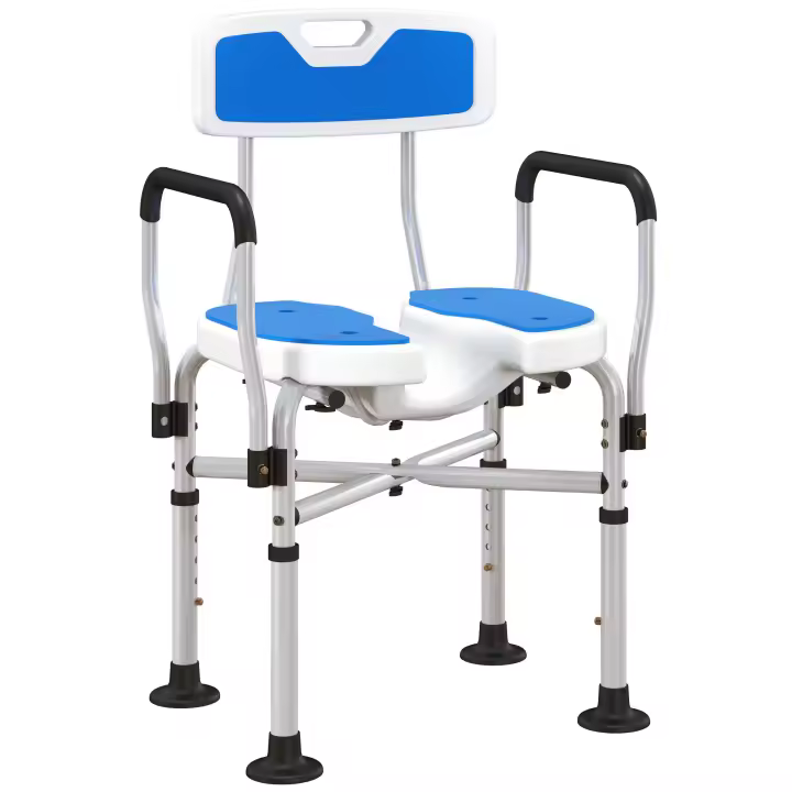 HOMCOM Silla Ducha Personas Mayores Silla de Ducha con Asiento Ranurado Altura Regulable Taburete de Ducha Antideslizante con Respaldo y Reposabrazos Carga 136 kg para Discapacitados Azul - 1