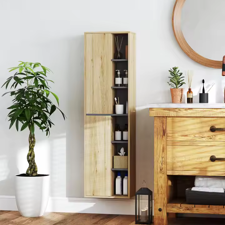 HOMCOM Columna de Baño de Pared Armario de Baño con Compartimentos Abiertos y 2 Puertas Mueble de Baño Moderno 40x24x141,5 cm Natural - 1