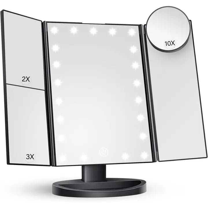 Espejo de maquillaje con Luces, aumento 2X 3X 10X, Espejo Iluminado, control tacthil, Fuente de Alimentación dual triple - 1