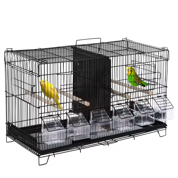 PawHut Jaula para Pájaros con Divisor Pajarera con Ganchos Superiores Puertas Comederos Perchas y Bandeja Extraíble para Canarios Periquitos 59,5x26,5x39,5 cm Negro - 1