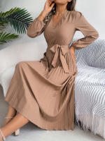 Vestido Elegante De Mujer Con Botones Y Cuello En V Manga Larga Plegado Con Cierre De Lazo Estilo Casual A-Line Para Primavera/Otoño - details 10