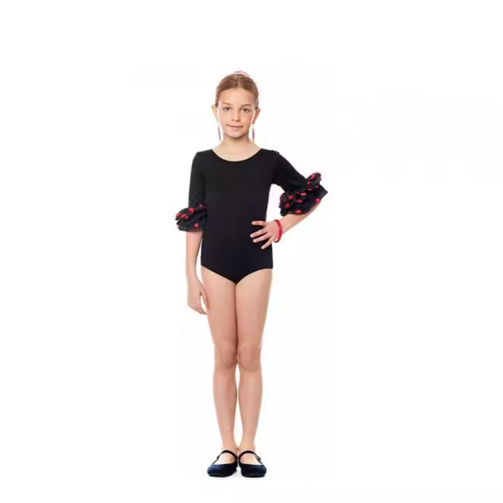 Partilandia Body o maillot Sevillana con Volante Lunar negro y rojo para niña - 1