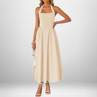 Vestido Largo Para Mujer Verano 2025 Elegante De Color Sólido Cuello Cuadrado Sin Mangas Cintura Ajustada Vestido De Noche Largo Espalda Descubierta Slim Fit Polyester - details 2