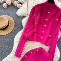 Conjunto De Ropa De Mujer REALEFT Otoño Invierno 3 Piezas Traje De Tejido Knitted Cardigan De Botón Sencillo Y Tops Falda Elegante Para Oficina - details 22
