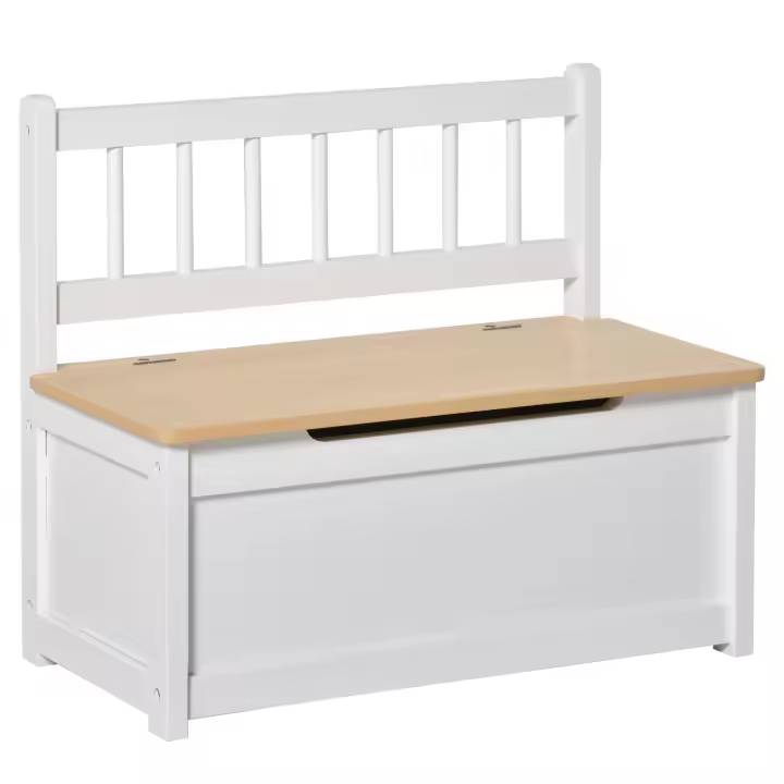 HOMCOM Baúl de Juguetes Banco Almacenamiento Infantil de Madera de Pino con Tapa Amortiguadora y Respaldo Alto para Niños de +2 Años Salas de Juego Habitación 60x30x50 cm - 1