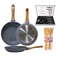 Set de 3 Sartenes 20/24/28cm con Revestimiento Antiadherente a la Piedra Aluminio forjado . Incluye set de cuchillos y set de utensilios de bambu los colores Gris y Rojo - details 1